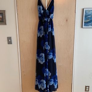 Lulus floor length blue and black floral dress